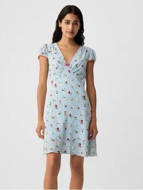 Sky Blue Floral V-Neck Mini Dress